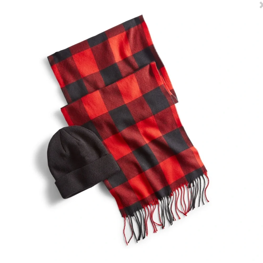 New! Men’s Red and Black Checkered Scarf and Black Beanie Set